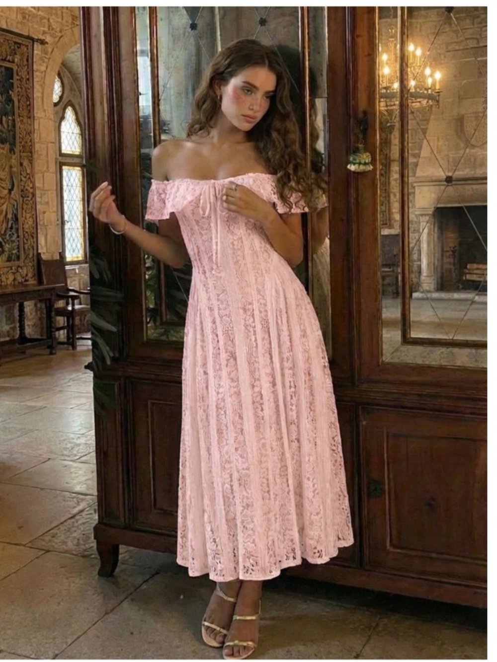 NWT PINK LACE SCULPTURAL OFF-SHOULDER KNOTTED FLARED MAXI S